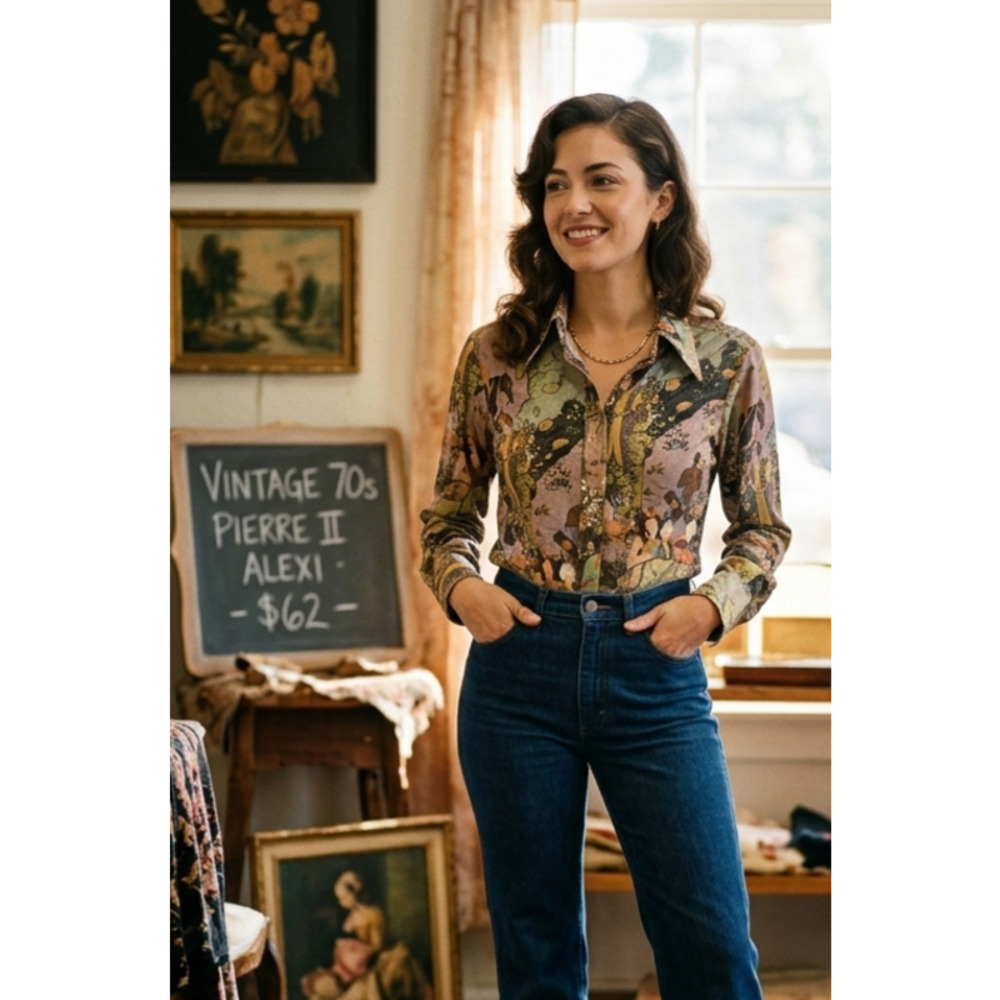 Vintage 70s Pierre II Alexi Scenic Persian Miniature Dagger Collar Blouse